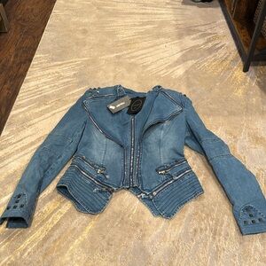 Shalang Rivet Shrug Stitching Dovetail Denim Zipper Moto Jacket Women's XL NWT